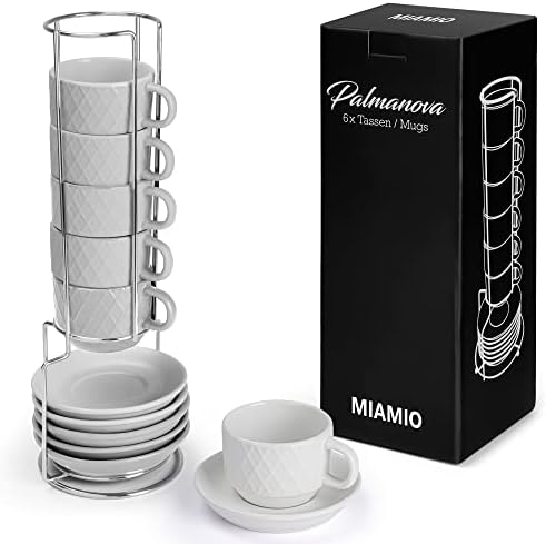 MIAMIO - 6 x 2,5 oz Kőedény Eszpresszó Bögre, Csésze Készlet Modern állvánnyal, valamint Csészealjak -